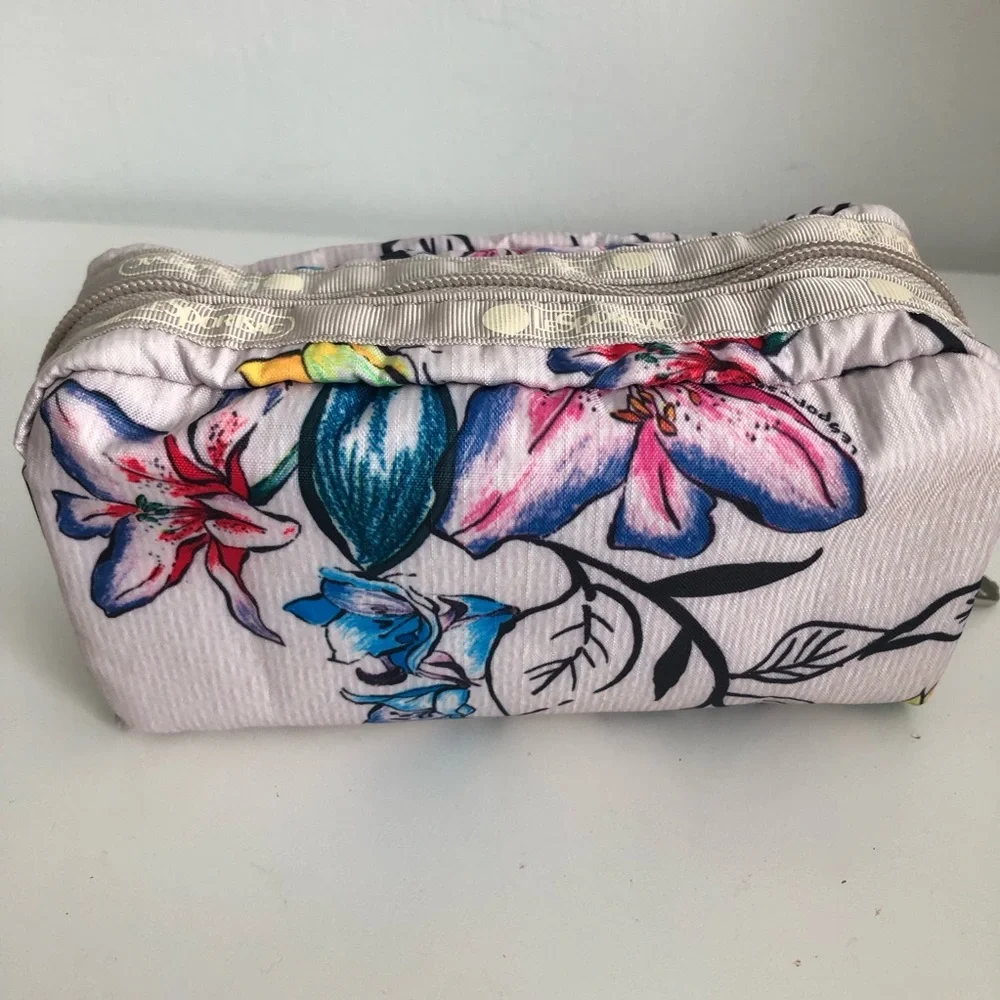 Le Sportsac Floral Pink Cosmetic Pouch with Blue Accents